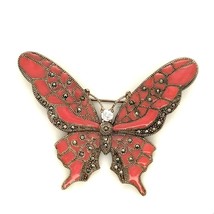 Vtg Sterling Signed 925 Art Deco Pink Enamel Marcasite Large Butterfly Brooch - £75.17 GBP