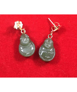 Old 14k Yellow Gold Green Jade Buddha Chinese Dangle Earrings Small Acid... - $210.30 CAD