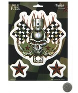 Checkered Flags Skull &amp; Piston &amp; Stars Vinyl Sticker 5 1/2&quot; x 5 1/2&quot; - £3.43 GBP