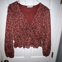 Lush Long Sleeve V-Neck Cropped Blouse - Brick Red Cream Floral Ruffled ... - $11.47