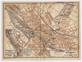 1910 Original Antique City Map Of Bremen / Bremerhaven / Germany - £16.30 GBP