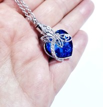 BLUE Memorial Necklace Pendant, Ashes Urn Necklace, Dragonfly Crystal Heart, Cre - £26.42 GBP
