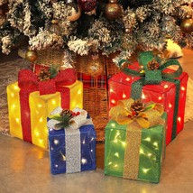 Set of 4 Christmas Lighted Gift Boxes Decorations, Pre-lit Tinsel Present Box wi - £52.74 GBP