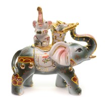 Vintage Porcelain Glaze Gold Hand Painted Elephant Trunk Up With Baby As... - $34.62