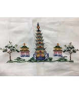 Vintage Japanese Linen Set Tablecloth 9 Napkin Cross Stitch Temple Green... - €51,15 EUR
