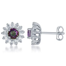 Sterling Silver Small Round CZ with Baguette Border Stud Earrings - Rainbow - £33.81 GBP