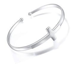 Sterling Silver Sideways Cross Bangle Faith Hope Love Cross - £107.94 GBP