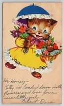 Handmade Hand-cut Die-cut Applique Kitten with Umbrella Randolph MA Postcard C24 - £12.72 GBP