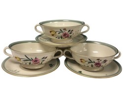 4 x Frederick Lunning New York Floral Cream Soup Bowl &amp; Saucer Hand Pain... - £45.96 GBP