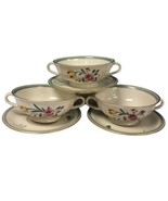 4 x Frederick Lunning New York Floral Cream Soup Bowl &amp; Saucer Hand Pain... - $80.05 CAD