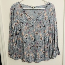 Lucky Brand Top Women&#39;s Size Large Floral V-Neck Blue Long Sleeve Cotton Modal - £13.94 GBP