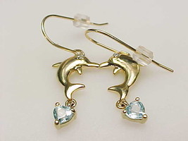 GOLD VERMEIL DOLPHIN Dangle EARRINGS with BLUE TOPAZ and tiny DIAMOND -F... - £68.15 GBP