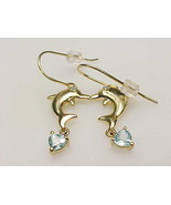 GOLD VERMEIL DOLPHIN Dangle EARRINGS with BLUE TOPAZ and tiny DIAMOND -FREE SHIP - $85.00