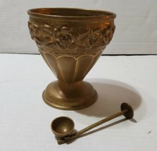 Vintage Brass Serving Cup Dish Bowl with Spoon 4.25x4.75 Floral  - £22.15 GBP