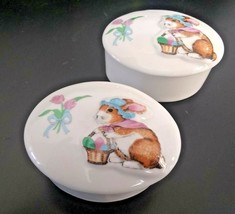 Easter Trinket Box Ceramic Bunny Rabbit Candy Dish w/ Lid 3&quot; Taiwan Set of 2 VTG - £4.23 GBP
