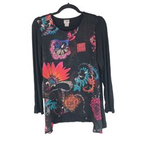 Chicos Womens Floral Tulip-Hem Top Tunic Long Sleeve Black Colorful Size... - £5.41 GBP
