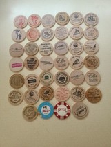 Lot of 38 Wooden Buffalo Nickels &amp; 2 Poker Chips 1 Flamingo Las Vegas - £21.31 GBP