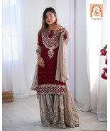 Title:* Cream White Sharara Suit with Maroon Heavy Embroidery Work - Des... - $69.99