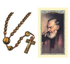 St. Pio of Pietrelcina Padre Pio Wooden Rosary &amp; Laminated Prayer Card Catholic - £10.29 GBP