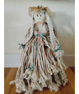 Vintage Yarn Mop Doll 26&quot; Handmade Country Ribbon Flowers Hat &amp; Wicker C... - £23.37 GBP