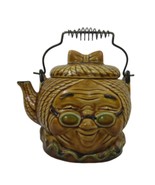 Vintage tea pot ceramic smiling grandma w/specs figural Japan 1960s wire... - $28.70