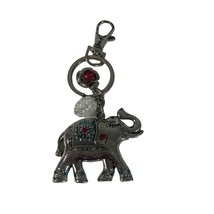 Bejewelled Silvertone Lucky Elephant Keychain Pink and Turquoise Rhinestones - £8.21 GBP