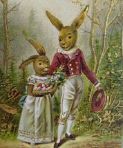 Easter Postcard Humanized Dressed Anthropomorphic Bunnies Rabbits Fantasy Forest - $68.40