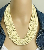 Vintage Multi Strand Ivory Cream Seed Bead Moss Green Crocheted Necklace - £17.13 GBP
