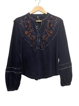 Free People Sundance Kid Blouse Top Women Size Small Blue Embroidered Western - £16.72 GBP