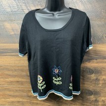 Micheal Simon Lite Top Women X-Large Shirt Black Floral Embroidered Flowers Silk - $25.85