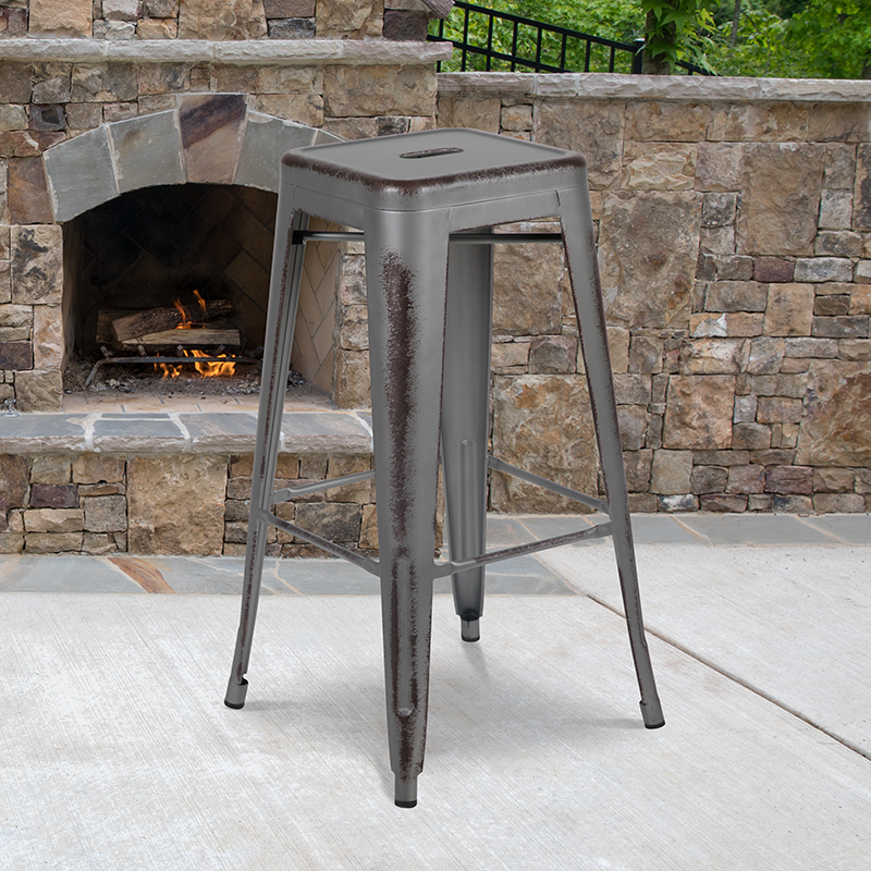 30"H Distressed Silver Stool ET-BT3503-30-SIL-GG
