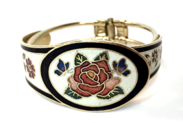 Vintage Cloisonné Enamel Hand Painted Clamper Bracelet White with Flowers - £17.30 GBP