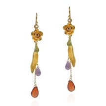 Rose Stem Drop Natural Stones Gold Over Silver Dangle Earrings - £27.25 GBP