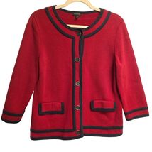 TALBOTS M Red Knit Cardigan Navy Contrast Trim Preppy Classic Parisian S... - $31.68