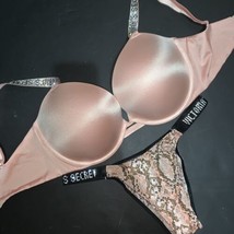 Victoria&#39;s Secret 34DDD Bra Set Panty Pink Black Crystallized Snake Shine Strap - £63.30 GBP