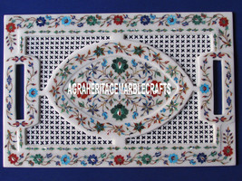 18&quot;x12&#39;&#39; Filigree White Marble Tray Multi Inlay Marquetry Floral Kitchen Decor - £633.30 GBP