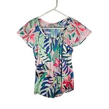 Loft Floral Women&#39;s Blouse Hawaiian Small Short Sleeve Blue Green Pink - $13.16