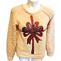 Small Sherpa Fleece Sequin Bow Top Size Beige Red Sweatshirt - £22.15 GBP