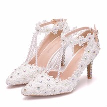 Wedding Shoes Female Sandals Clear Tassel Pearls Luxury Lace Embroidery White Po - £65.26 GBP