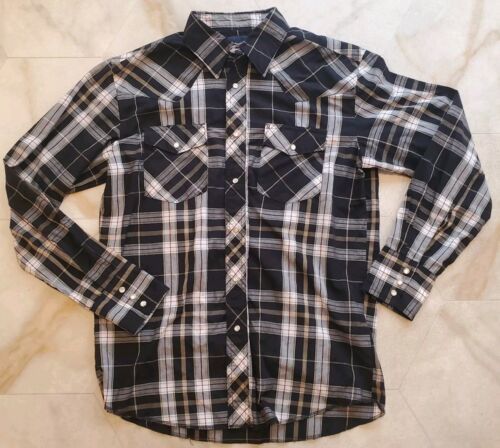 Wrangler Men&#39;s Western Long Sleeve Pearl Snap Button Plaid Black &amp; Gray ... - $24.55