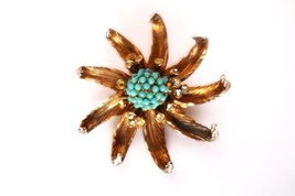 Vtg Hattie Carnegie Gold Tone Flower Brooch Robins Egg Blue Beads - £79.01 GBP