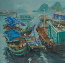 Boats at Sea, Vietnamese hand painted oil painting - $179.95