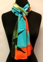 Hand Painted Silk Scarf Wrap Turquoise Green Red Sun Bamboo Oblong Womens - £68.36 GBP