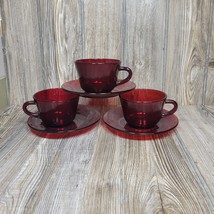 3 Sets Anchor Hocking Royal Ruby Red Cups &amp; Saucers - £18.48 GBP