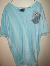 Rawyalty Couture V Neck Rhinestones Blue Short Sleeve Shirt Sz Large - £31.85 GBP