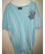 RAWYALTY Couture V Neck RHINESTONES Blue Short Sleeve Shirt Sz Large - $55.39 CAD