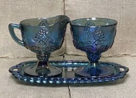 Vintage Carnival Glass Iridescent Blue Harvest Grape Sugar Bowl Creamer ... - $34.65