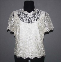 VTG Deborah Johnson Shimmery Embroidered Roses Lace Lined S/S Top Wm&#39;s 6 EXC - £39.16 GBP