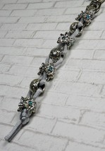 Aqua Flower Silver Barrel Grey Satin Cord Keychain Purse Charm Handmade New - $18.80