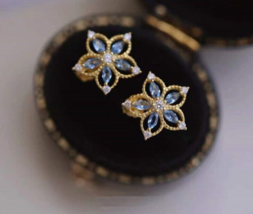 14K Gold Blue Star Flower Stud Earrings- S925 Silver, vintage, bridesmaids, gift - £35.28 GBP